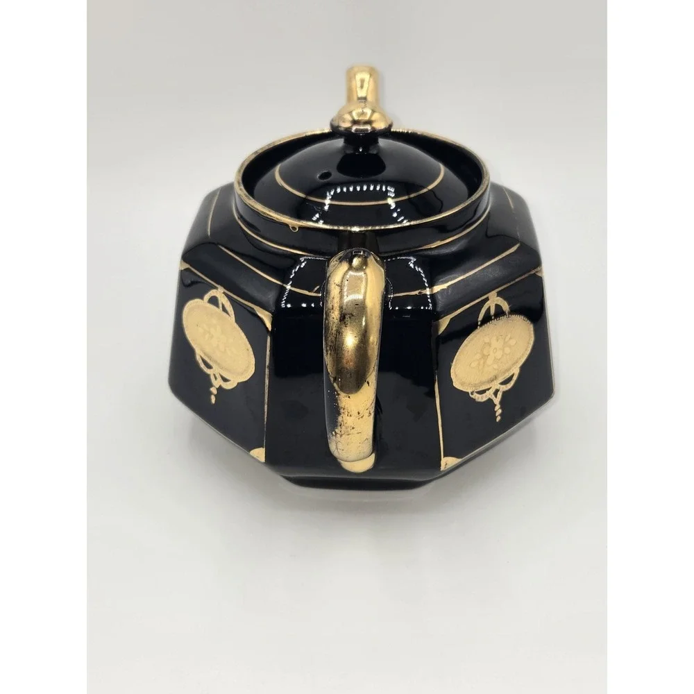 Gibson & Sons Black Celt Teapot Gold Transferware Burslem England Octagonal